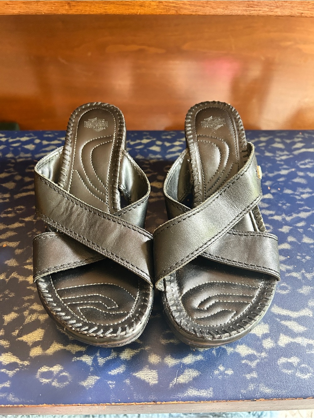Harley-Davidson Black Cross-Strap Leather Slide Wedges